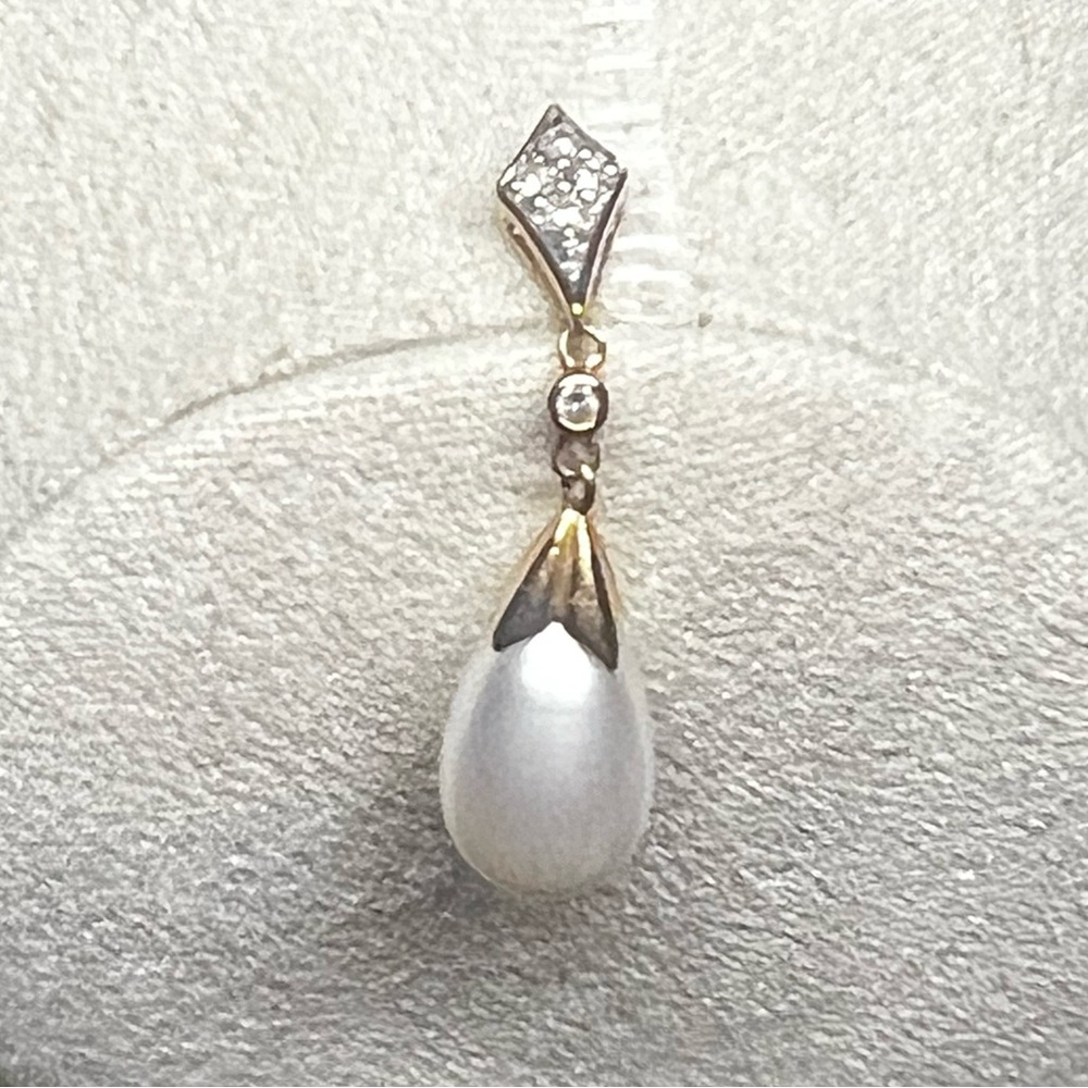 14K gold pearl & diamond teardrop pendant silver gold necklace